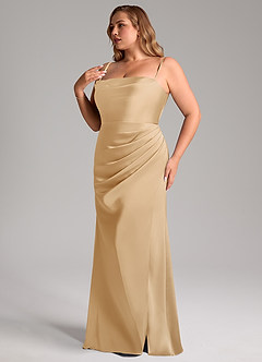 Azazie Leonis Bridesmaid Dresses Gold Mermaid Pleated Stretch Satin Convertible Dress image13