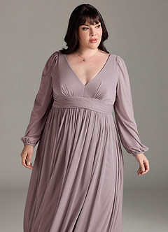 Azazie Norah Bridesmaid Dresses Dusk A-Line V-Neck Long Sleeve Chiffon Dress image12