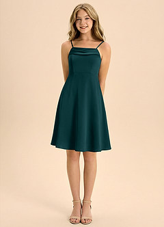 Azazie Anselie Junior A라인 주름진 스트레치 새틴 미니 주니어 신부 들러리 드레스 image5