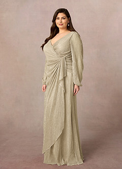 Azazie Sterling Vestidos para mãe da noiva Vestido Champanhe Ouro de Malha Metálica de Linha A com Ruched image7