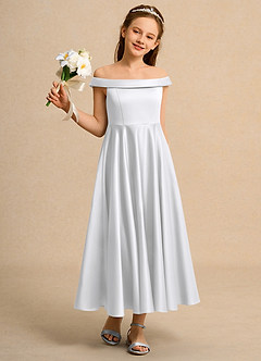 Azazie Teeny Junior Formal vestidos de niña de las flores Vestido de Blanco de Satin Mate de Corte En A con Plisado image5