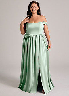 Azazie Calianna Jurken voor bruidsmeisjes Converteerbaar Jurk van Stretch Satijn met A-Lijn Off the Shoulder Agave image3