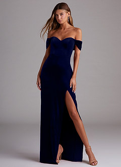 Azazie Shay Bridesmaid Dresses Dark Navy Sheath Off the Shoulder Velvet Convertible Dress image4