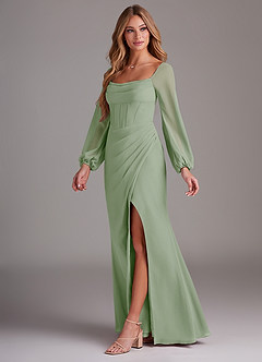 Azazie Charissa At-home Try On Dresses Dusty Sage Sheath Long Sleeve Chiffon Dress image4