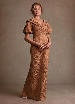 Azazie Amala vestidos de madre de la novia Vestido de Cacao Con Caramelo de Jacquard Floral de Corte Columna con Plisado image2