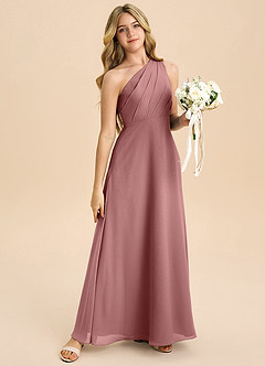 Azazie Phaedra Junior A라인 주름진 쉬폰 플로어 길이 주니어 신부 들러리 드레스 image6