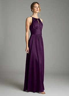 Azazie Bonnie Vestidos de damas de honor Vestido de Uva de Satén Elástico de Corte en A con Plisado image4