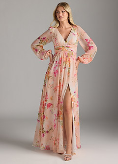 Azazie Norah Bridesmaid Dresses Abstract Bouquet Floral A-Line V-Neck Long Sleeve Chiffon Dress image1