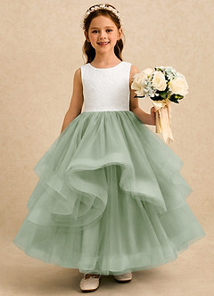Azazie Madison Abiti da Ragazza di Fiori Abito Principessa in Tulle Pizzo Avorio Salvia Polverosa image1