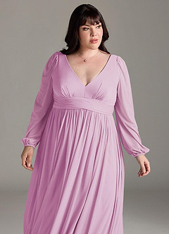 Azazie Norah Bridesmaid Dresses Candy Pink A-Line V-Neck Long Sleeve Chiffon Dress image12