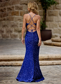 Luxey Bleu Roi Robe de bal en velours à paillettes image2