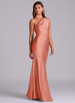 Azazie Seona Robes de demoiselle d'honneur Robe Sirène en Satin extensible Une épaule Corail image5