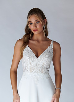 Azazie Clementina Probar vestidos en casa Vestido de Blanco Diamante Nude de Crepé elástico de Acampanado con Lentejuelas Cuello V image7