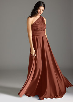 Azazie Charlize Brautjungfernkleider A-Linie One-Shoulder Stretch-Satin Kleid Lehm image3