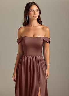 Azazie Calianna Bridesmaid Dresses Espresso A-Line Off the Shoulder Stretch Satin Convertible Dress image4