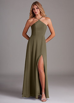 Azazie Bailey Vestidos de damas de honor Vestido de Verde Sauce de Gasa de Corte en A con Halter Abertura lateral image5