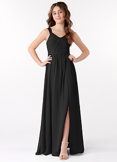 Azazie Evie Junior Black A-Line Pleated Chiffon Dress image1