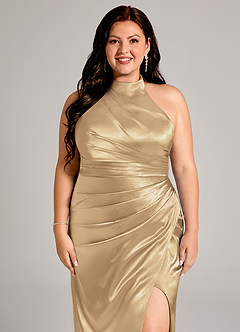 Azazie Jemma Bridesmaid Dresses Champagne Sheath Pleated Metallic Satin Dress image12