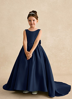 Azazie Mimia Flower Girl Dresses Dark Navy A-Line Bow Matte Satin Dress image3