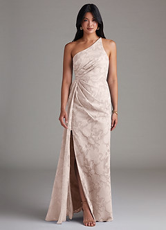 Azazie Mika Bridesmaid Dresses Blushing Pink Sheath One Shoulder Floral Burnout Dress image1