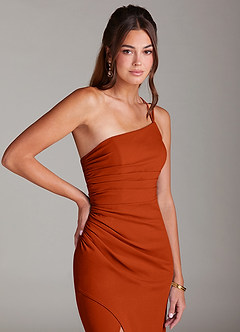 Azazie Eren Robes de demoiselle d'honneur Robe Fourreau en Crêpe Élastique Ue épaule Paprika image6