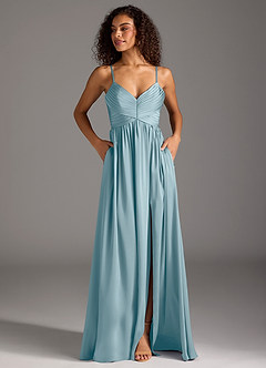 Azazie Alia Bridesmaid Dresses Moody Blue A-Line Pleated Stretch Satin Dress image7