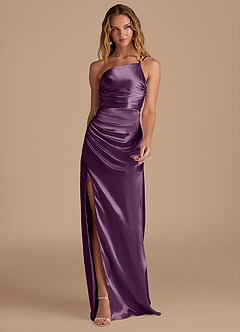 Azazie Eren Bridesmaid Dresses Plum Sheath One Shoulder Metallic Satin Dress image3