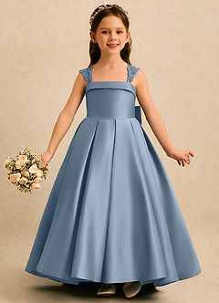 Azazie Genie Robe Demoiselle D'honneur Fillette Robe Princesse en Mat Satiné Épaule décolletée Bleu Poussiéreux image3