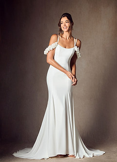 Azazie Jaqueline Wedding Dresses Diamond White Mermaid Convertible Crepe Back Satin Dress image11