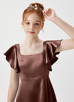 Azazie Bondi Junior Espresso A-Line Side Slit Metallic Satin Dress image5