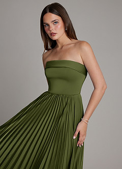 Azazie Mariana Bridesmaid Dresses Olive A-Line Pleated Stretch Satin Dress image4