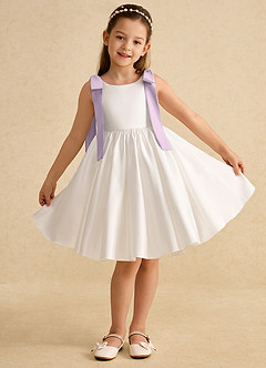 Azazie Stacie Flower Girl Dresses Ivory Frosted Lilac A-Line Bow Matte Satin Dress image1