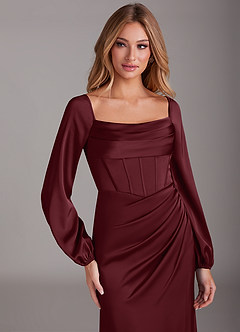 Azazie Charissa Jurken voor bruidsmeisjes Jurk van Stretch Satijn met Kolom Lange mouw Cabernet image7