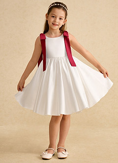 Azazie Stacie Flower Girl Dresses Ivory Scarlet A-Line Bow Matte Satin Dress image1