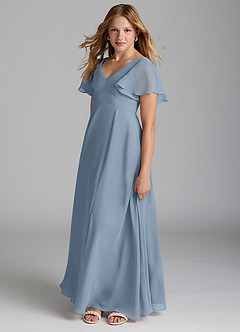 Azazie Kimber Junior Abito A-Line in Chiffon Plissettato Blu Polveroso image3
