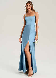Azazie Lidia Bridesmaid Dresses Steel Blue Mermaid Side Slit Stretch Satin Dress image3