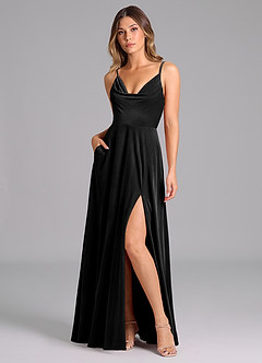 Azazie Sarella Bridesmaid Dresses Black A-Line Pleated Velvet Dress image1