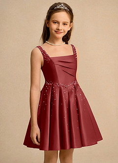 Azazie Jello Girls Formal Jurken voor bloemenmeisjes Baljurk Jurk van Mat Satijn Geplooid Roest image3