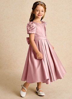 Azazie Miriam Flower Girl Dresses Dusty Rose Ball-Gown Pleated Matte Satin Dress image6