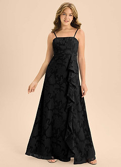 Azazie Kaylee Junior Black A-Line with Belt Floral Burnout Dress image1