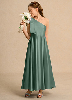 Azazie Guppy Junior Formal vestidos de niña de las flores Vestido de Eucalipto de Satin Mate de Corte En A con Hombro unilateral image4