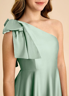 Azazie Penguin Junior Agave A-Line Bow Stretch Satin Dress image7