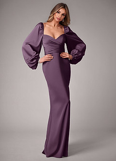 Azazie Sonata Bridesmaid Dresses Plum Sheath Long Sleeve Stretch Satin Convertible Dress image5
