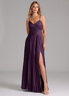 Azazie Vini Bridesmaid Dresses Plum A-Line Pleated Stretch Satin Dress image4