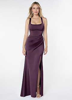 Azazie Mero Bridesmaid Dresses Plum Sheath Pleated Stretch Satin Dress image1
