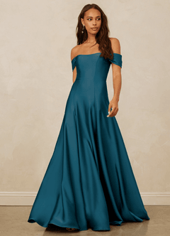 Christian Siriano Bridal for Azazie 1002 Bridesmaid Dresses Ink Blue A-Line Off the Shoulder Stretch Satin Convertible Dress image1