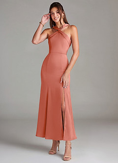 Azazie Rue Bridesmaid Dresses Salmon Pink Mermaid Pleated Stretch Satin Dress image1