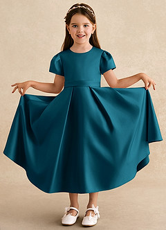 Azazie Princess Flower Girl Dresses Ink Blue A-Line Pleated Matte Satin Dress image3