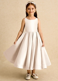 Azazie Babs Flower Girl Dresses White Alabaster Ball-Gown Pleated Matte Satin Dress image2