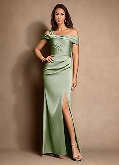 Azazie Altonia Mother of the Bride Dresses Dusty Sage Mermaid Off the Shoulder Stretch Satin Dress image1